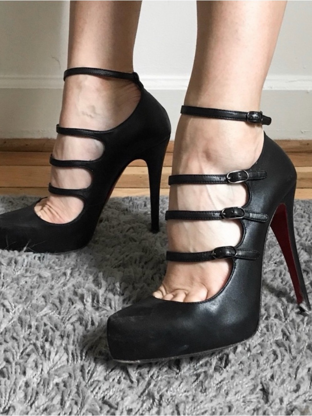 Christian Louboutin Black Multi-Strap Mary Jane Pumps with Red Soles